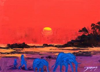 Vivid Sunset Elephants