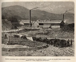 Mexican arrastras (an area trampled by the feet of mules, as in the treading of grain) for the grinding and amalgamation of silver ores (Gould and Curry factories) in the vicinity of Virginia City (Nevada), engraving after a drawing by J. Férat