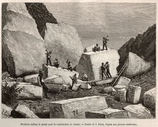 Mormon carving granite for temple construction (Engraving after J. Ferat