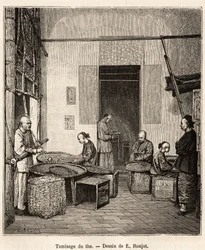The screening of the gunpowder, to sort by sieves the granules according to their size and quality before the last drying that gives them their perfume, in a gunpowder factory in Fati Bay (Canton Province), engraving after a drawing by J. Ferat illustratin