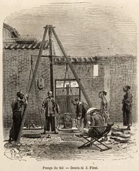 The weighing of the tea before its expedition on commercial markets in a gunpowder factory in Fati Bay (Canton Province), engraved after a drawing by J. Ferat illustrating the voyage to China, by J. Thompson, in 1870-1872, published in “Le tour du monde” 1