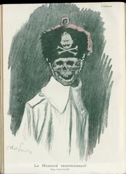 Illustration by Abel Faivre (1867-1945) in Fantasio, 01/05/15 - The grateful Hussard - War of 14-18, Germany Prussian - William II, Reaper/Comrade - Death, FacesRiantes