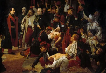 Emperor Napoleon III Visits the French, Piemontese and Austrian Wounds of the Battle of Montebello to the Ambulances of Voghere in May 1859 (detail)