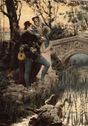 A man and a woman by a stream looking at the body of an animal. Illustration by Jules Garnier. In 