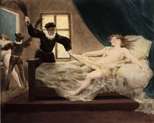 A man apprehending whipping a young girl caught in bed on Innocent Day. Illustration by Jules Garnier. In 
