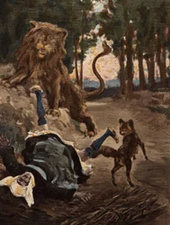 A Woman, Picking up Wood in the Forest of Bievre, Frightened by a Lion and a Fox. Pantagruel. Illustration by Jules Garnier. In 