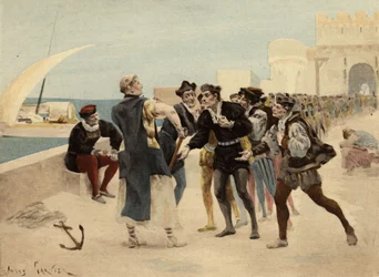 Brother Jean, Monk of the Abbey of Seuille, Offering Twenty Ecus of Gold to the Chiquanous for Who Would Accept to Be Beaten. Pantagruel. Illustration by Jules Garnier. In 