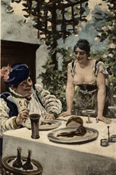 Gargantua Eating, a Woman Serving Him Food. Gargantua. Illustration by Jules Garnier. In 
