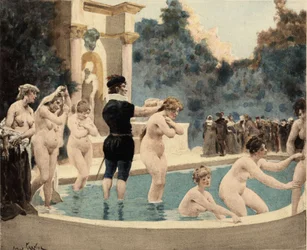 Old Women Plunged into the Water and Coming Out Again. Kingdom of Entelechie. Pantagruel. Illustration by Jules Garnier. In 