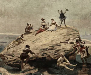 Schoolers Having Fun on the Raised Stone: A Rock that Pantagruel Installed on Four Pillars in a Field. Pantagruel. Illustration by Jules Garnier. In 