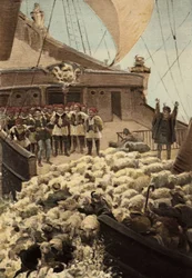 Sheep of Panurge: On the Boat of Dindenaut, Sheep and Merchants Throwing Themselves into the Sea. Pantagruel. Illustration by Jules Garnier. Rabelais and the Work of Jules Garnier