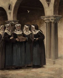 The Nuns of the Abbey of Coingnaufond Opening the Box Donated by Pope John XXII. Pantagruel. Illustration by Jules Garnier. In 
