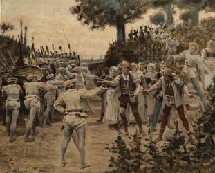 The Shepherds Offer the Fouaciers of Lerne to Exchange Grapes for Fouace. Gargantua. Illustration by Jules Garnier. In 