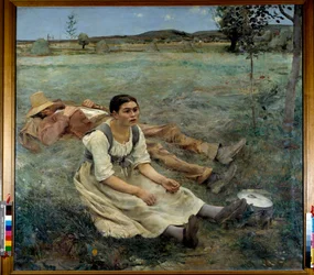 Hay. A woman sitting in the grass next to a man sleeping during the harvest season. 1877. Sun. 1,80 x 1,95 m