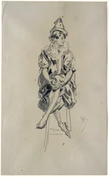 Seated Female Clown with Legs Crossed and Hands Clasped over Left Knee