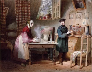 Economy. Young couple in a house: the woman puts a sip on the table and the man puts a coin in a piggy bank