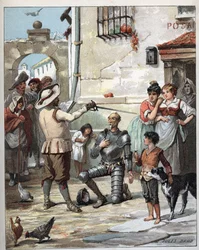 Outside an inn, Don Quixote becoming knight - Illustration of Jules David (1808-1892) from Histoire de Don Quixote (Don Quixote) - 1887 - by Miguel de Cervantes Saavedra (1547-1616)