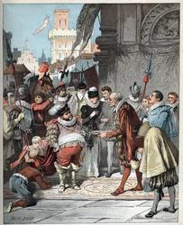 Sancho Panza appointed as governor of Barataria island - Illustration of Jules David (1808-1892) from Histoire de Don Quixote (Don Quixote) - 1887 - by Miguel de Cervantes Saavedra (1547-1616)