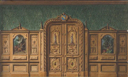 Design for a room with wood panels inset with paintings and a heavily-carved double door, 1830-97
