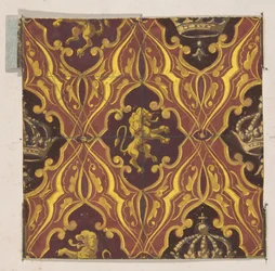 Design for wallpaper featuring rampant lions and crowns, 1830-97