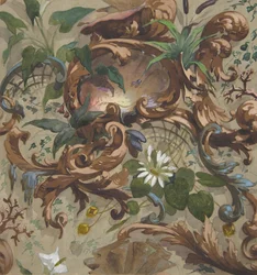 Design for wallpaper featuring shells, waterlilies, and cattails, 1830-97