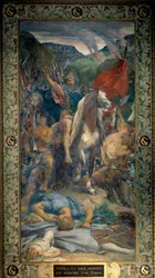 Attila (395-453), king of the Huns, and his army of Barbarians march on Paris in 450. Fresco by Jules Elie Delaunay (1828-1891), 19th century. Paris, Panthéon
