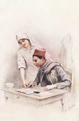 Reading lesson. Postcard of 