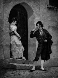 The start of the bullfighter for the race. 19th century. Engraving after the painting by Rougeron