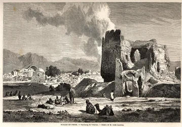 The suburbs of Teheran (present-day Iran). Drawing by Jules Laurens to illustrate Arthur Gobineau
