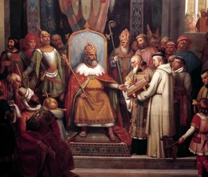 Charlemagne surrounded by his chief officers, received Alcuin, who introduced manuscripts, a work of his monks in 781 (detail)