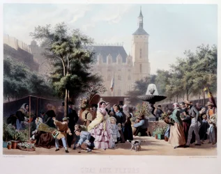 View of the Quai aux Fleurs in Paris The walk on the Ile de la Cite. Lithograph by Jules Marie Desandre 19th century Paris, Musee Carnavalet