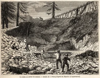 A mining claim or workshop in California, drawing by Jules Pelcoq, to illustrate the story of Baron de Wogan