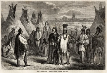 Types of Crees Indians of Canada, drawing by Pelcoq, to illustrate the exploration of the Rocky Mountains in 1857-59 by Captain John Palliser. Engraving in Le tour du monde, nouveau journal des voyages Paris
