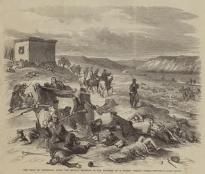 The Field of Tchernaya, after the Battle, bringing in the Wounded to a French Picquet House