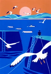 Harbor Sunset Seagulls