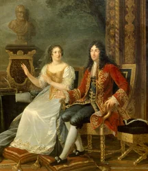 King of France Louis XIV with Madame de Maintenon. Detail of the painting “Jean Racine (1639-1699) reading Athalie before Louis XIV (1638-1715) and Françoise d