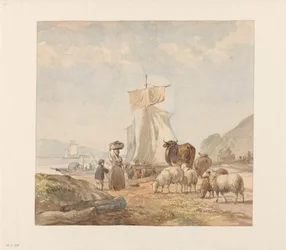 Figures with Cattle by Riverbank with Ferry