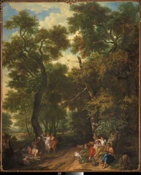 Arcadian landscape with shepherds making music and dancing