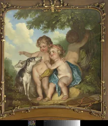 Three children with two dogs