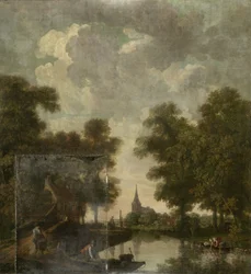 Wallpaper with a Dutch Landscape with a River