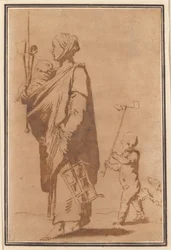 A Mother Carrying a Child and Kitchen Utensils, Followed by a Boy and a Dog