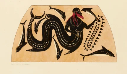 Print of the Decoration on a Greek Amphora, Showing Poseidon Accompanied by Dolphins
