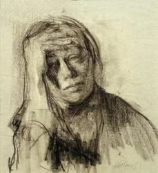 Self-Portrait with Right Arm Resting, Hand on Forehead