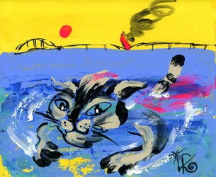 Swimming Cat Under Sun