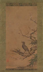 Brown-Eared Bulbul Hiyodori on a Branch of Plum