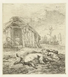 Three Pigs in Front of a Pen
