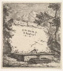 Frontispiece with Stepped Fountain, a Stone Wall with Water Spout Pouring Water into a Rec...