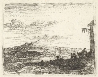 Landscape with corner of building and awning at far right, two figures and a horse