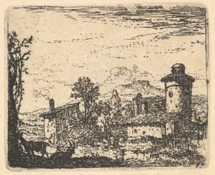 Landscape with Two Horned Goats in Shadow at Left Foreground, Village Buildings Beyond