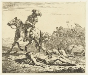 Battlefield with Soldier on Horseback and Two Dead